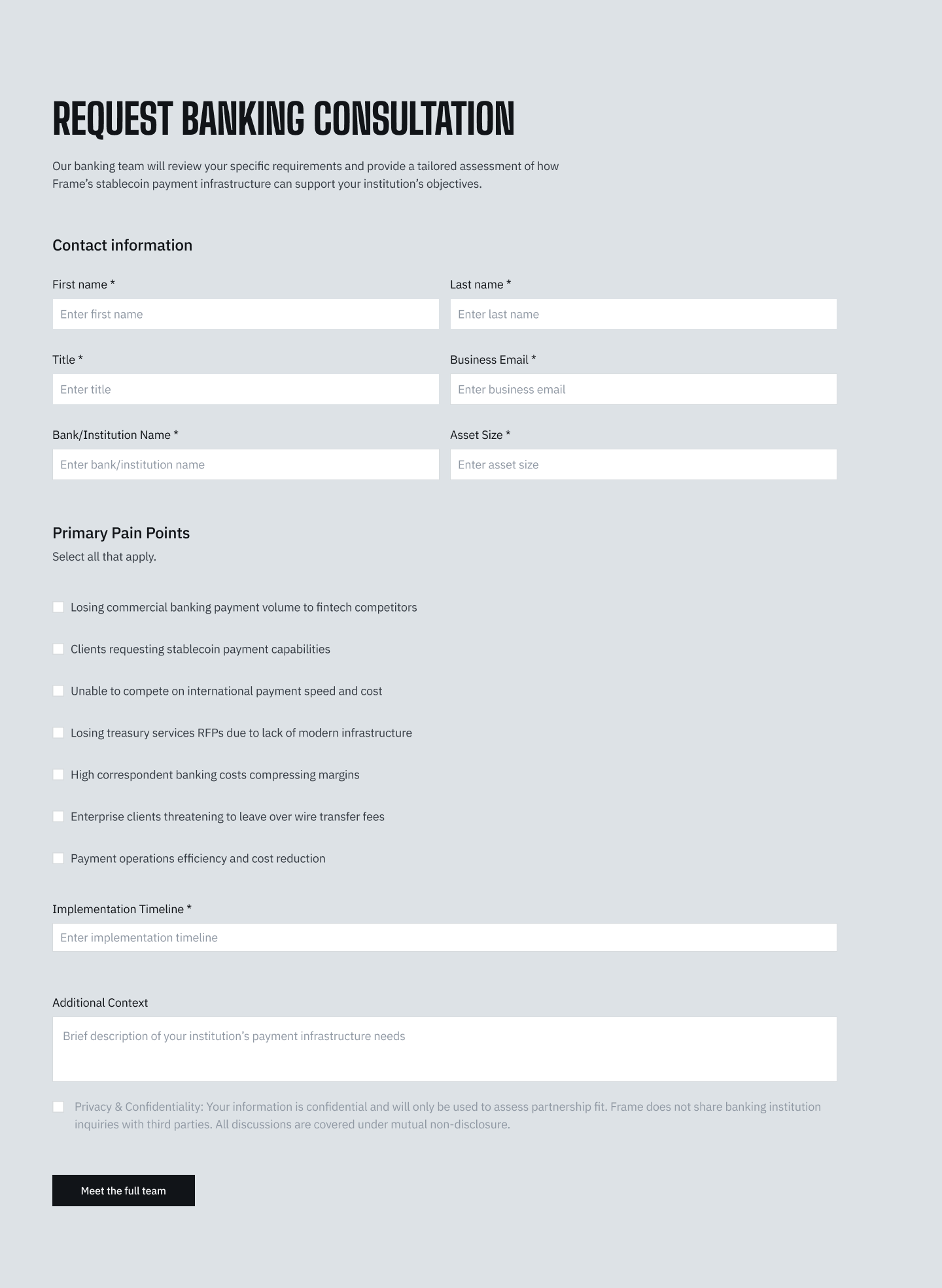 Contact form for banking partners — get in touch with the Frame team
