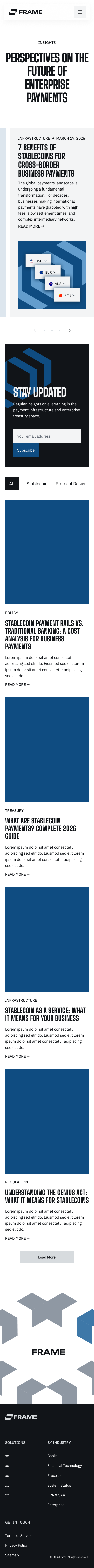 Frame blog — recent writing on stablecoin payments, settlement architecture, and the regulatory landscape